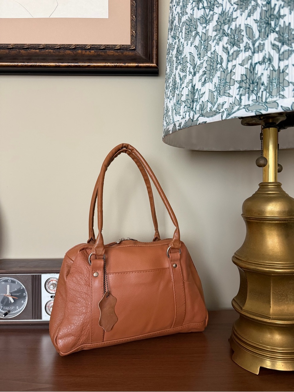 Leather Satchel Handbag in Cognac Brown